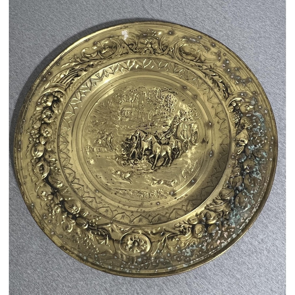 Vintage‎ English Brass Charger Plate 23" Wall Hanging Coach Scene England Decor